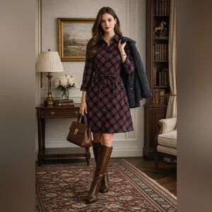 Brooks Brothers Plaid Shirt Dress Belted Red Navy Size 6 Classic Preppy